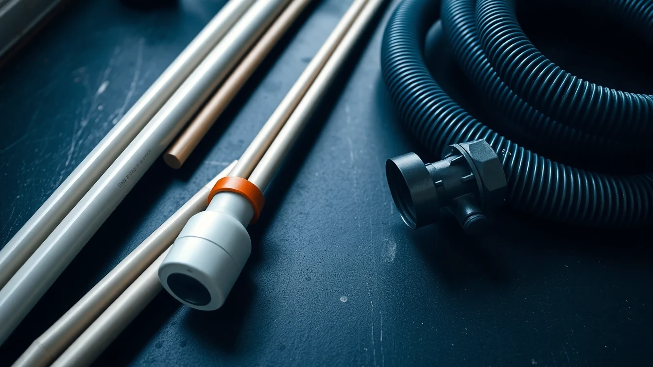Flat-lay of drain rods, CCTV camera head and jetting hose on workshop surface
