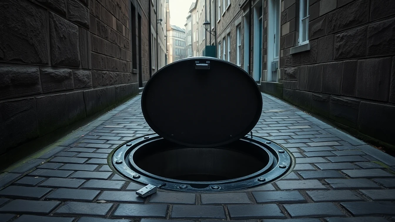 Open manhole on an Edinburgh cobbled close with Georgian stonework